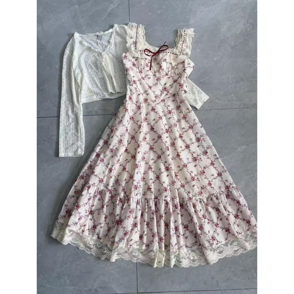 Summer Lovely Sweet Lace Print 2-piece Set Dress Women Design Chic Sling Pretty Dresses Casual
