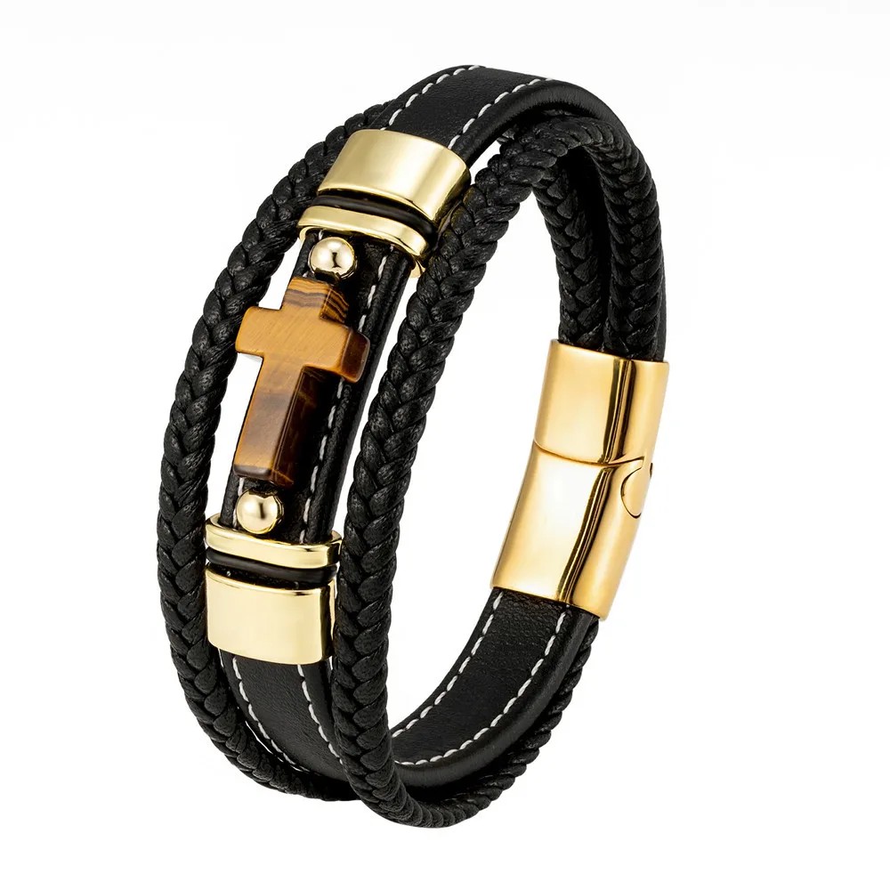 Men's Fashion Tiger Eye Stone Cross Bracelet Handmade Woven Leather Rope Stainless Steel Bracelet