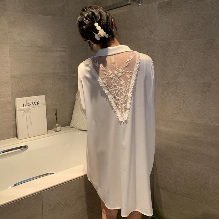 Santaibju- Piyama Dress Tidur Sexy Kemeja Putih Es Silk Kemeja Wanita Baju Tidur Kmj-984 Piyama