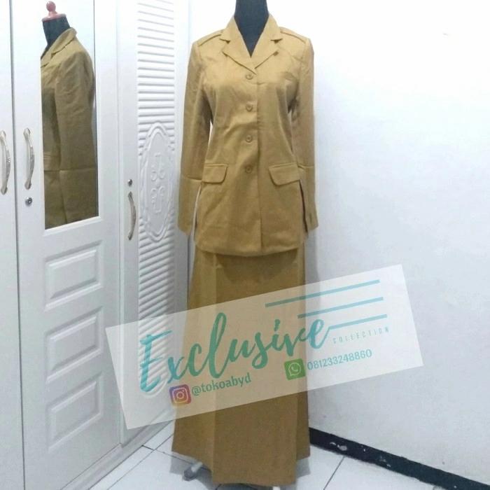 Seragam PNS Wanita PDH Khaki Muda Setelan Blazer Rok Model A