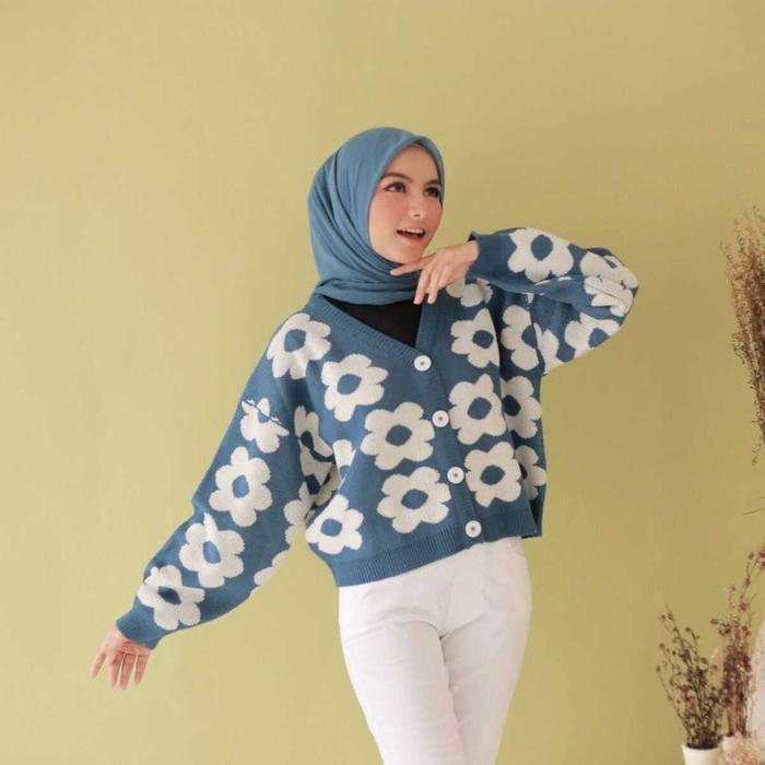 Avenza- Kardigan Flowers / Korean Style Cardy / Cardigan Bunga Premium / Daisy Cardi Tebal Knitwear