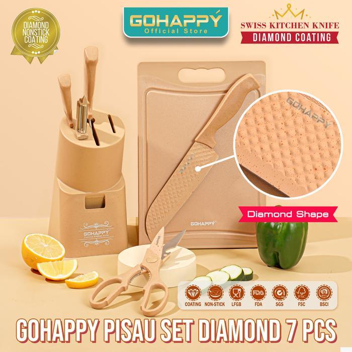 (TRENDNOW) PISAU SET 7 PCS DIAMOND GOHAPPY Plus KNIVES HOLDER WADAH PISAU Motif Knife set Terbukti