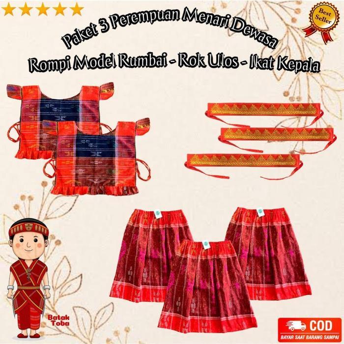 Paket 3 Perempuan Menari Dewasa / Rompi Ulos Model Rumbai / Rok Ulos / Ikat Kepala / emila21