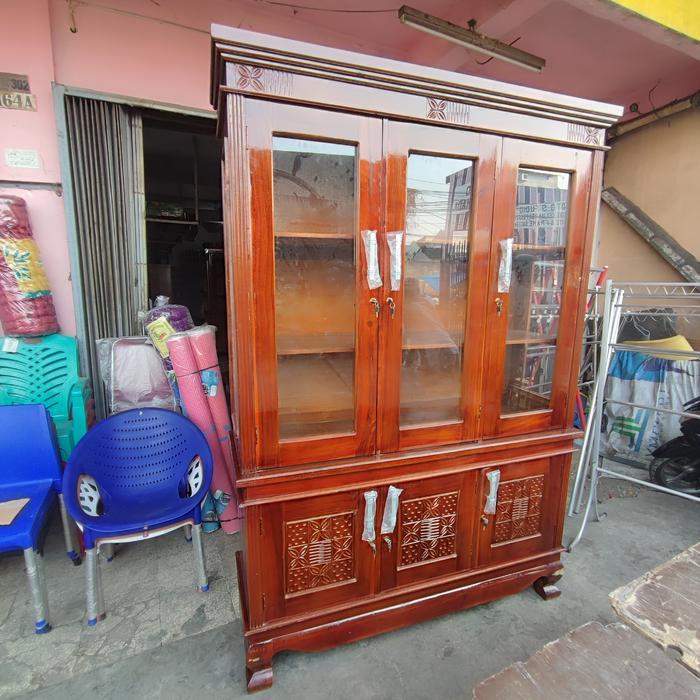 lemari buku serbaguna minimalis kayu jati 3 pintu