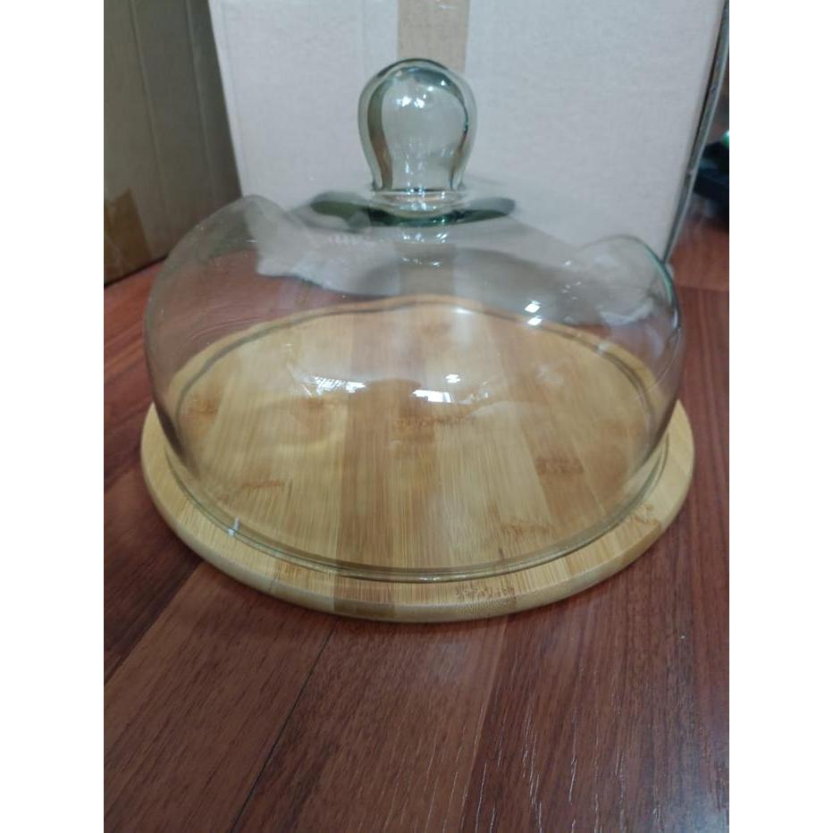 3kzz- Tempat Kue Kayu Tutup Kaca / Wooden Cake Stand /Cake Tray Wooden Glass
