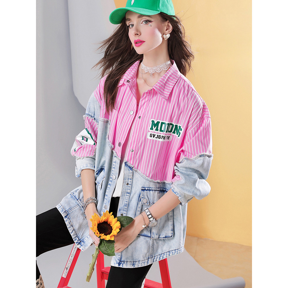 Women's Plus Size Long Shirt Denim Spliced Striped Blouse, Ripped Back Loose Fit Button-Up, Casual