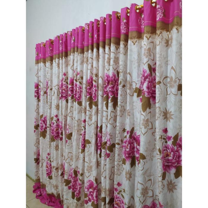 5jee- Gorden Smokring 12 Ring 6 Gelombang Motif Bunga Pink Laura/ Gorden Jendela/ Gorden