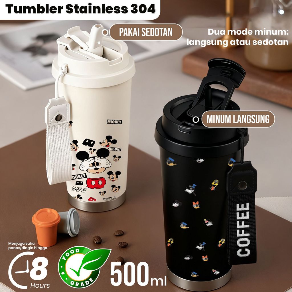 Tumbler Stainless Steel 304 Kapasitas 500ml dengan Desain Karakter Kartun Mickey Mouse & Teman - Bot
