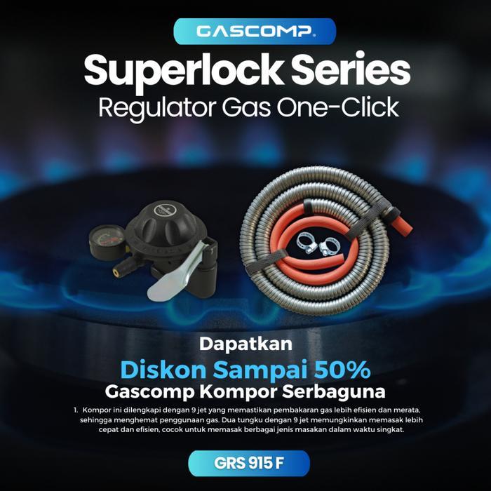 GASCOMP Superlock Regulator Gas Low Pressure dengan Selang Flexible Hitam 5 Lapisan Kuat dan Awet