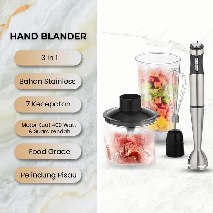 DORAHOMI Hand Blender, Mixer Tangan Elektrik Stainless Steel, Motor Kuat Low Watt (Mixer Roti & Jus)