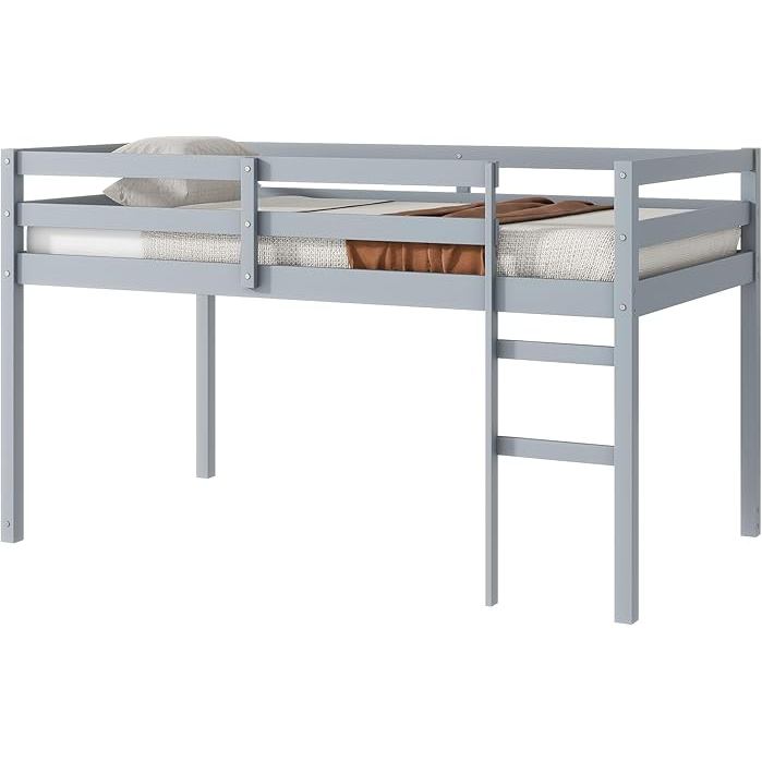Low Loft Bed Twin Size, Kids Solid Wood Modern Loft Bed Frame with Ladder and Safety Guardrail for