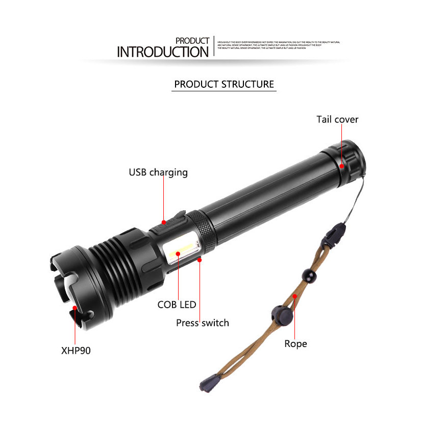 Brightest P90 LED flashlight aluminum alloy advanced torch use 18650 26650 for outdoor XHP90+COB 7 m