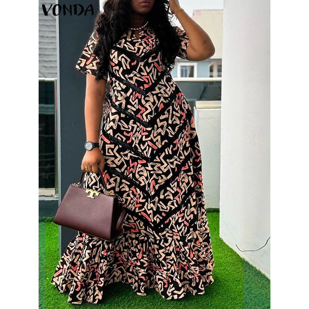 VONDA Women Vintage Maxi Dress 2025 Short Sleeve Summer Party Vestidos Casual Printed A-line Robe