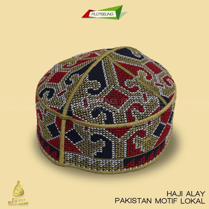 Peci Kopiah Rajut Pakistan Lokal Abu Biru Cokelat Hitam Hijau Merah Dan Putih Motif Full Bordir