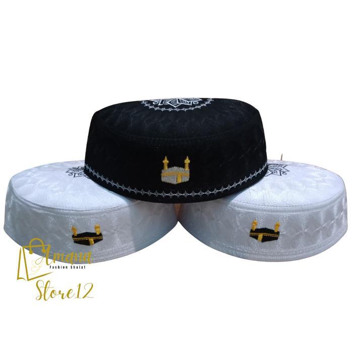 Peci Kopyah Haji Malaysia Logo Kabah / Peci Kopiah Putih Malaysia Bordir Kabah Motif Nyaman / Kopyah