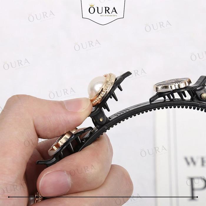 Bando Jepit 2in1 Include Ikat Penjepit Rambut Wanita Motif Bunga Mutiara Diamond Bandana Korean