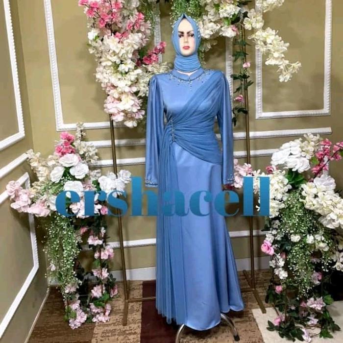 Gaun Arissa dengan Tile Polos Halus dan Payet Mutiara & Perak untuk Kondangan, Lamaran, dan Pesta -