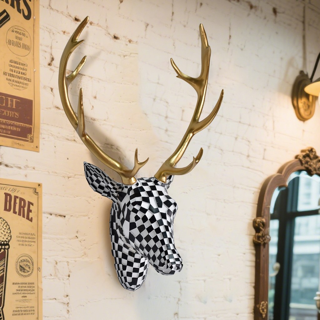 Mosaic Deer Head Wall Art - Resin Sculpture with Black & White Checkered Pattern, Golden Antlers,