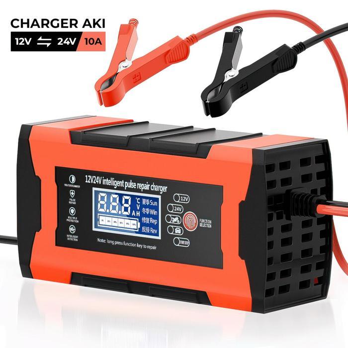 Charger Aki Otomatis 12V-24V 10A Charger Aki Portable LCD Indikator Cas Aki - 12V24V-10A