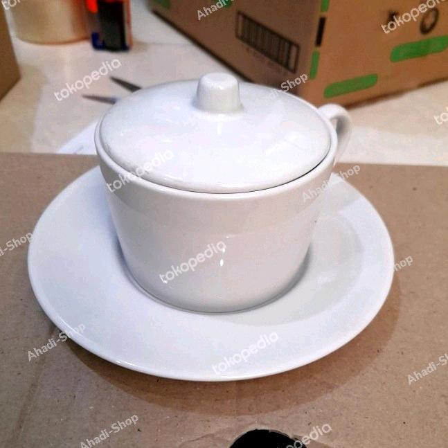 Cangkir set keramik + tutup / tea cup set putih isi 6 pcs