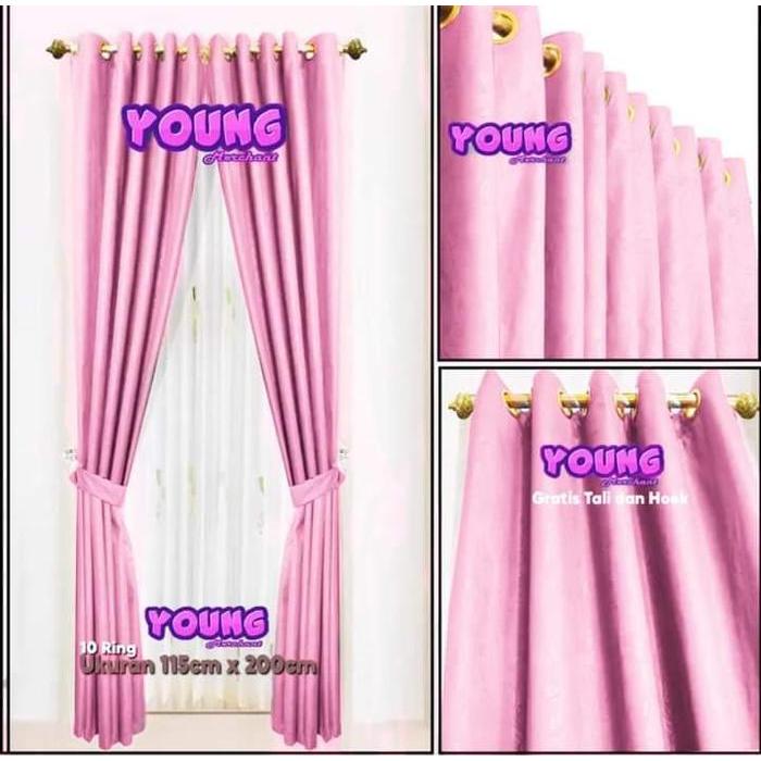 Gorden Pintu dan Jendela Embos Polos Minimalis Cantik Warna Pink Salem Kain tirai outdoor Tali tirai