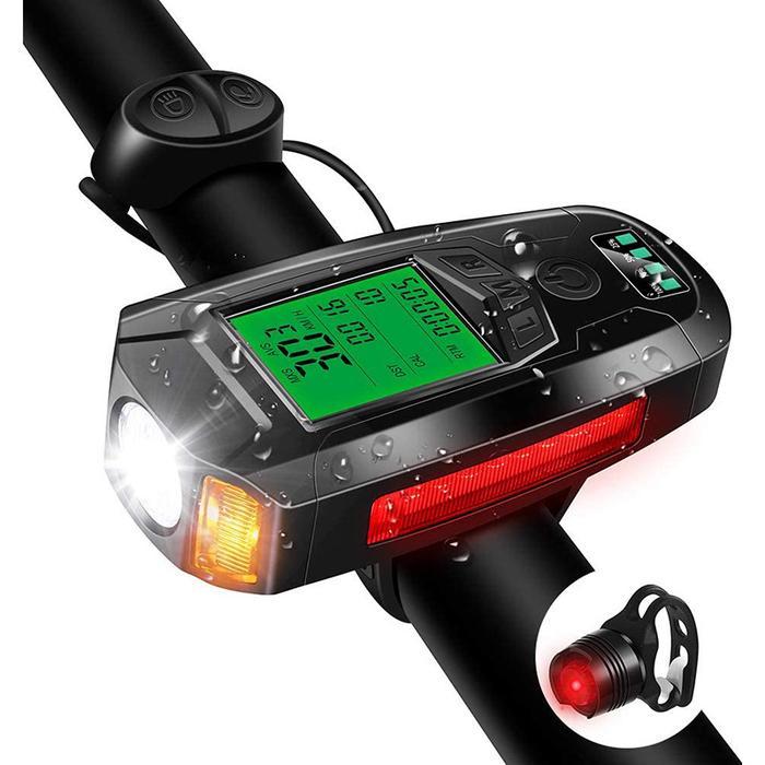 SALE 4 in 1 Lampu Sepeda LED Klakson Bel Speedometer Bike Recharge Anti Air Termurah