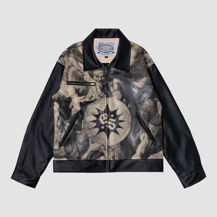 EVILSPIRIT LEATHER JACKET - LOCKY BLACK UNISEX Jaket Casual Pria Printing Zipper Cowok Hitam Kulit