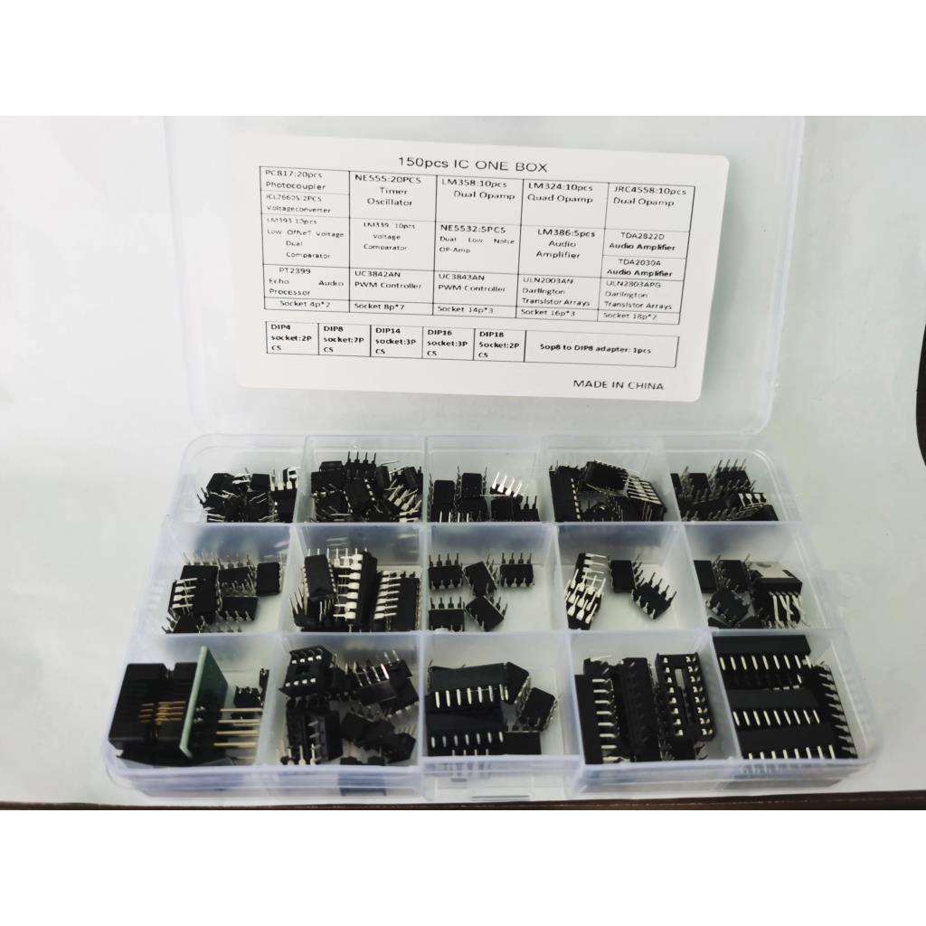 XL IC Chip Assortment 150 pcs, opamp, oscillator, pwm, PC817, NE555, LM358, LM324, JRC4558, LM393, L