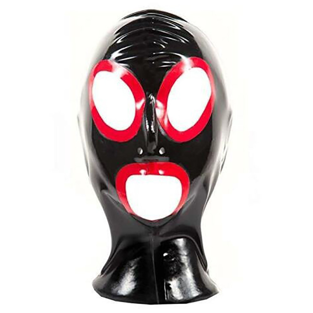 Handmade Latex Hood Mask Black Rubber Full Face Hood with Big Eyes Nose and Mouth Open