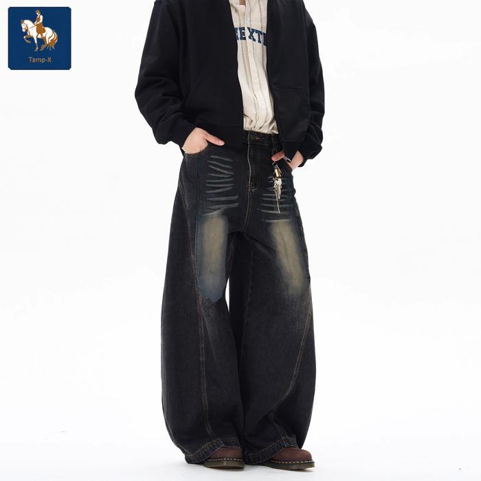 8zg8- Tamp-X Oversize Baggy Celana Jeans Pria Gombrong Skena Retro Hitam Denim Jumbo Loose