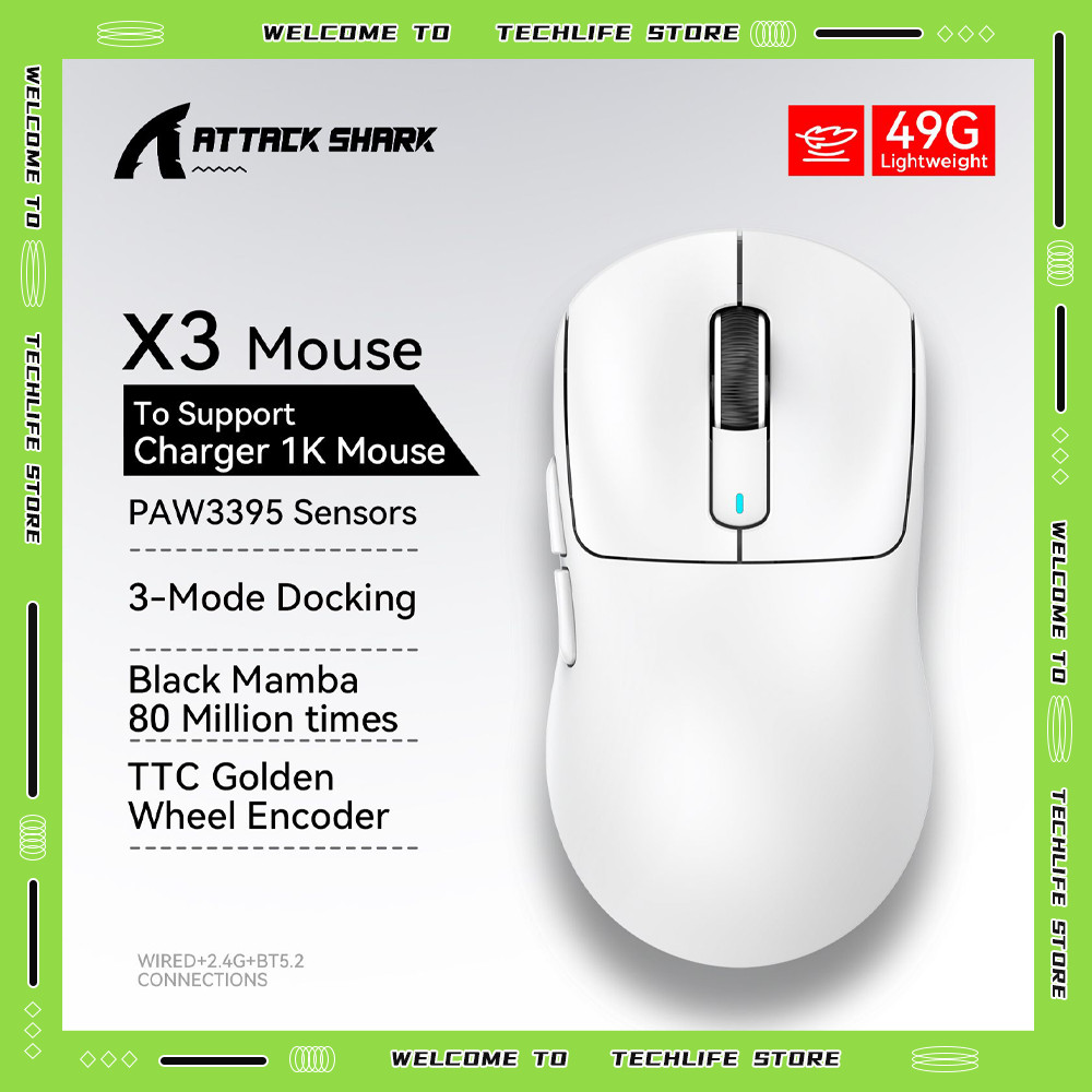Attack Shark X3 X3Pro Wireless Tri Mode Gaming Mouse Paw3395 Ergonomic Adjustable DPI 2.4G Bluetooth