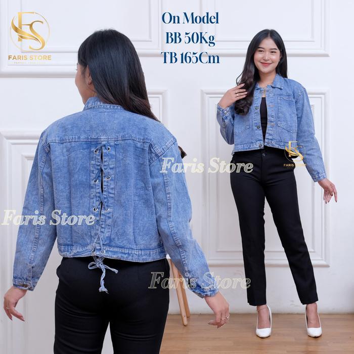 Jaket Jeans Crop Tali Belakang Oversize Jaket Denim Tali Silang Wanita