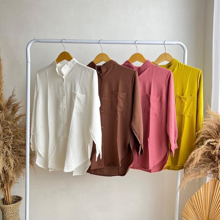 Kemeja Crinkle Airflow Polos Atasan Kemeja Wanita Blouse Crinkle Airflow Army Denim Army Denim