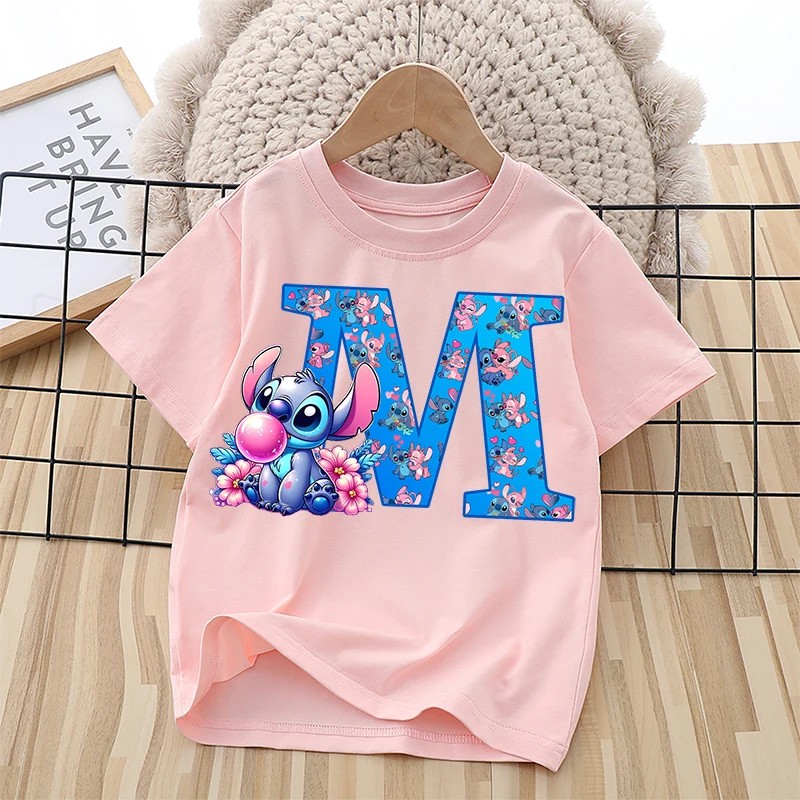 Stitch Disney Children Boys Girls T Shirt Clothes Tops Letter A-Z Children'S Clothing Short Sleeve