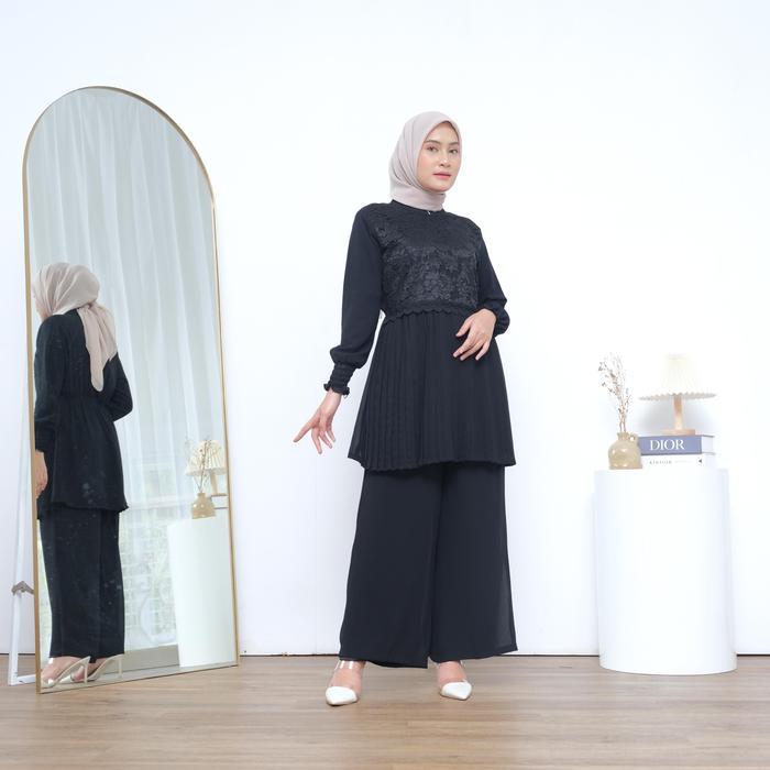Blus Khansa Plisket Brukat Lengan Panjang Hitam Putih Blus Chiffon Wanita Premium Blus Muslim Brukat
