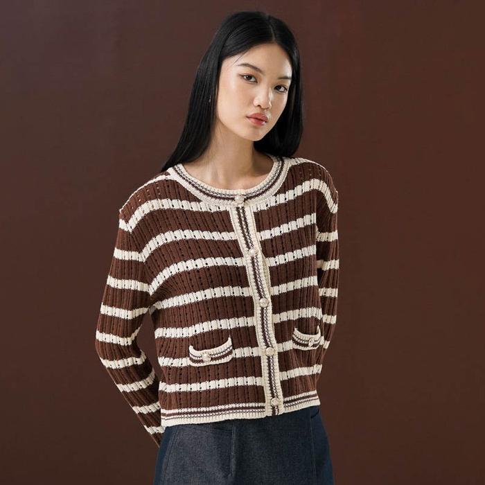 HOT This Is April Candice Cardigan Baju Atasan Wanita Lengan Panjang Rajut Bolong Brown dan Ivory