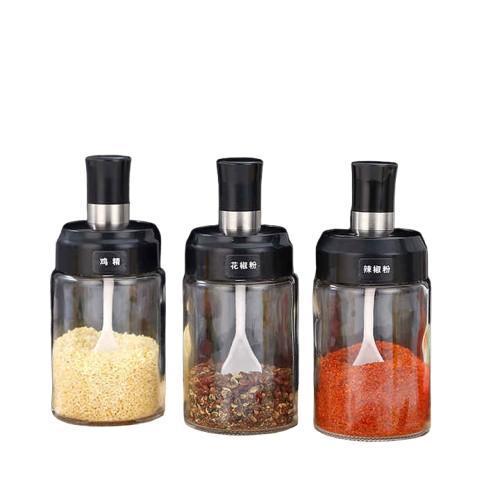Botol Bumbu Kaca Dapur Ada Penutup dan Sendok Tempat Kopi Gula Toples Kecil Mini Hitam Stainless Kit