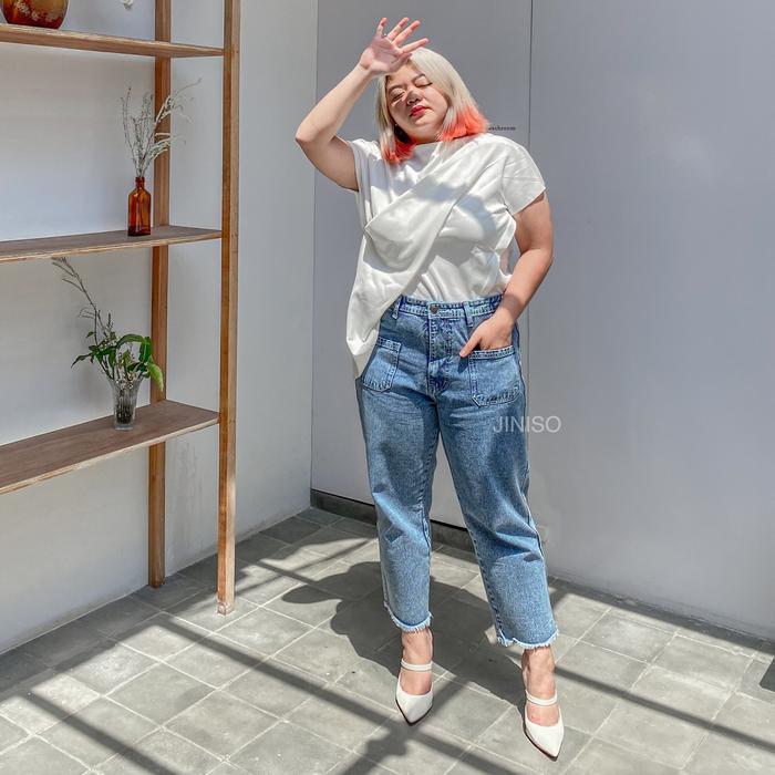 Promo Real Curvy - Jiniso Jumbo Boyfriend Celana Jeans Wanita Warna Denim Highwaist Original