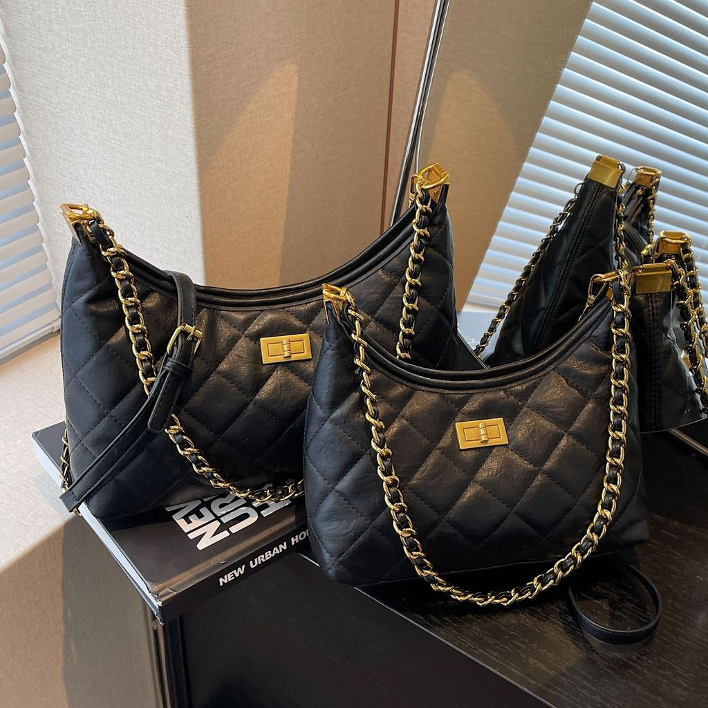 Tas Tote Rantai Gaya Chanel Vintage - Tas Bahu Wanita - PU - Kotak Persegi - Pola Berlian - Rantai -