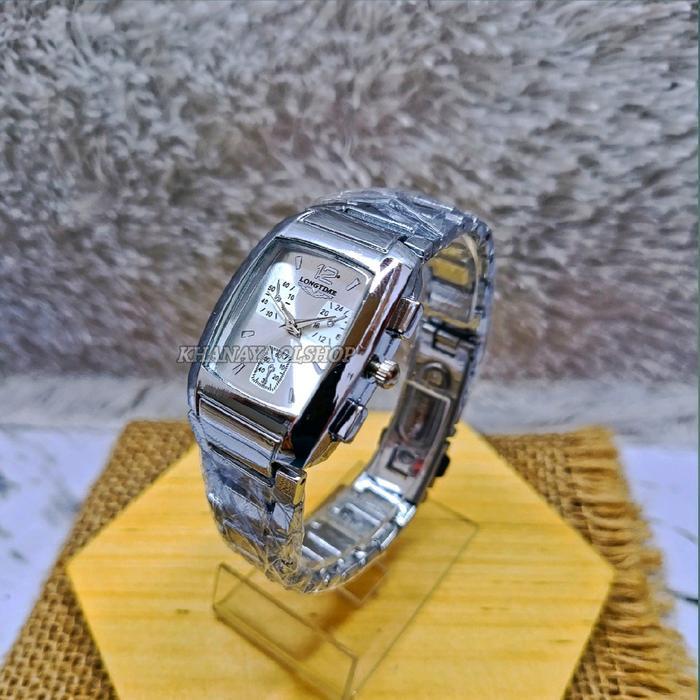 (Terlaris) Jam Tangan Kotak Wanita Crono Longtime Rantai Stainless Steel Quartz Kaca Sabuk Hitam