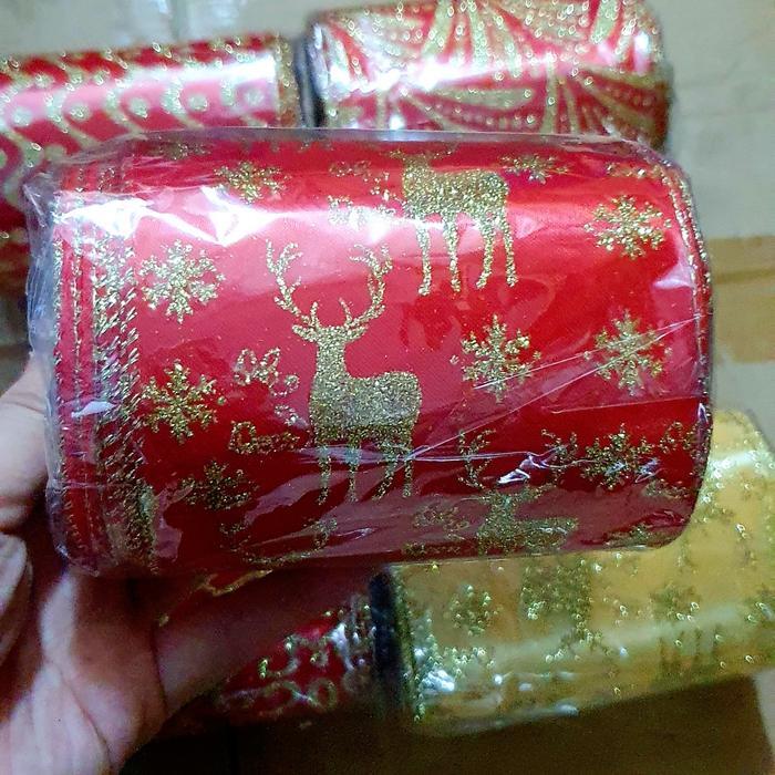 Pita Natal Kawat 10 Cm Pita Kain Ornamen Merry Christmas Murah Grosir