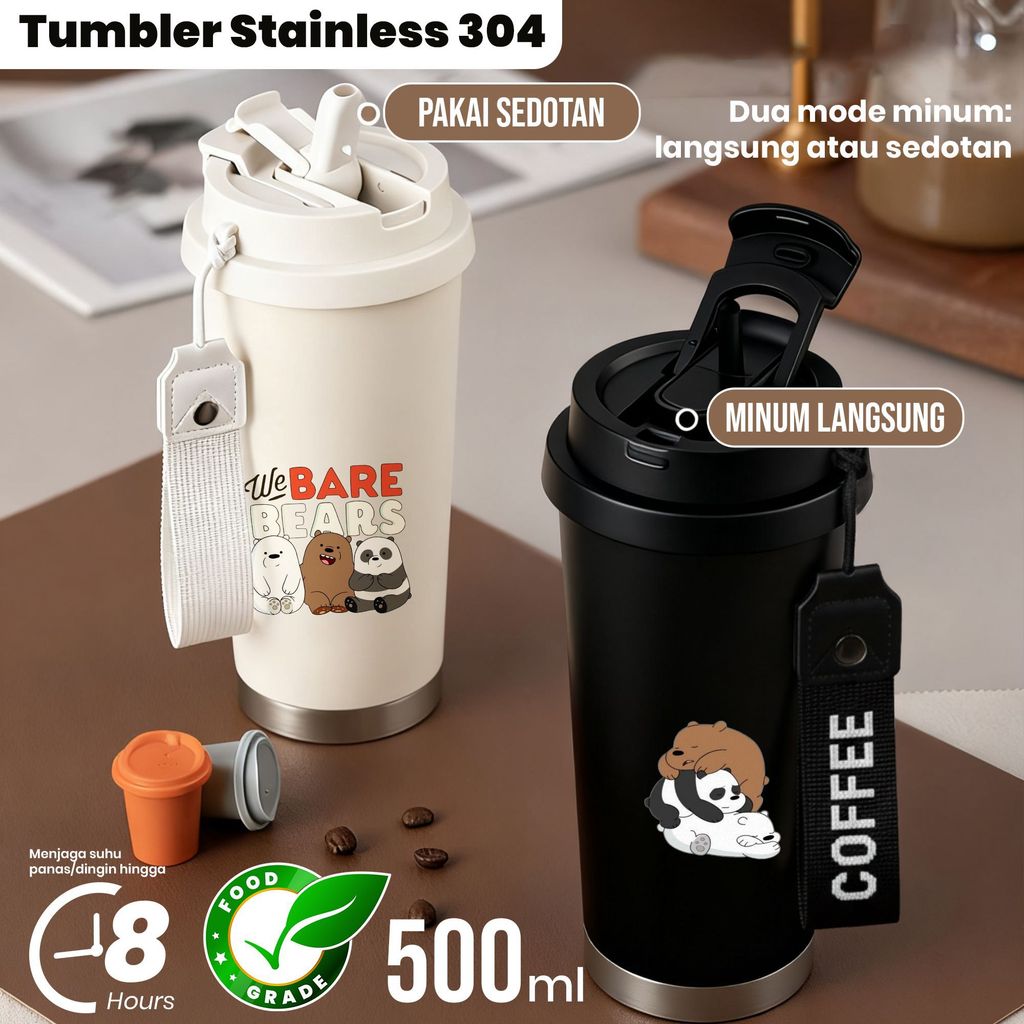 Tumbler Stainless 304 Botol Minum 500ml dengan Stiker We Bare Bears dan Label COFFEE, Dilengkapi Str