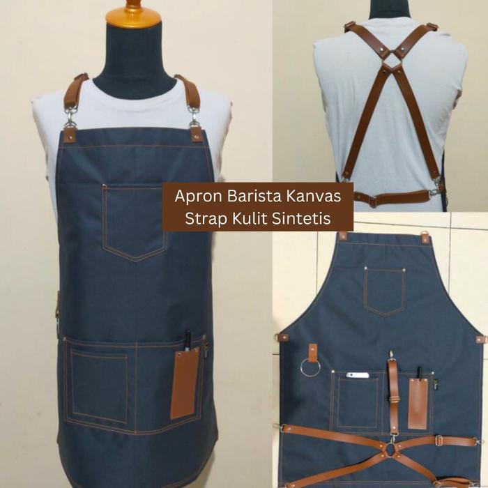 Apron Barista Bahan Canvas Strap Kulit Sintetis Premium