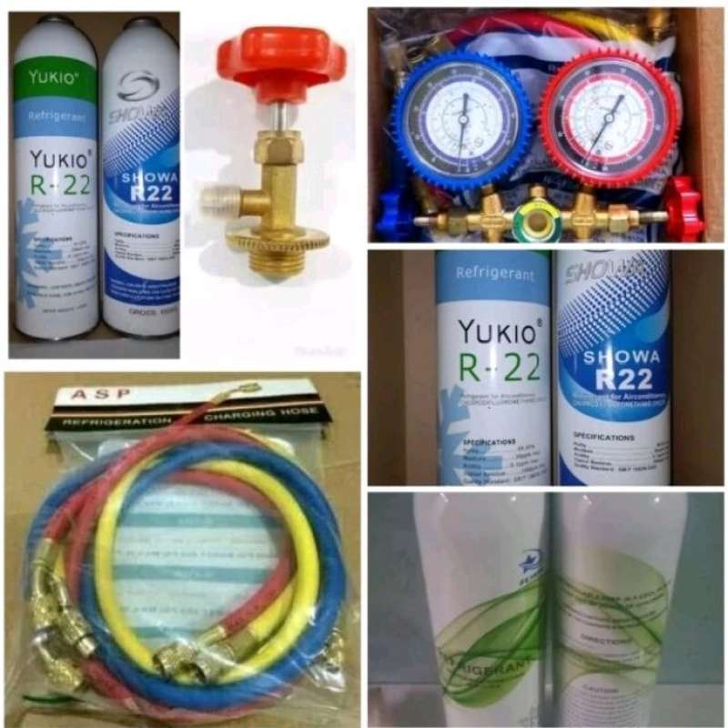 Paket isi freon r22 showa tanaka yukio double manifold sightglass lengkap