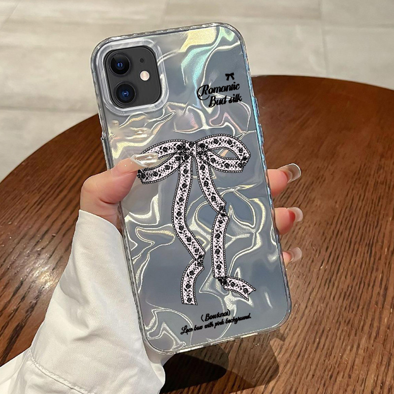 Casing Hp Untuk iPhone 11 Pro Max 12 Pro Max 13 14 15 Case Pink rose bow Laser Kesing Busa Tembus Pa