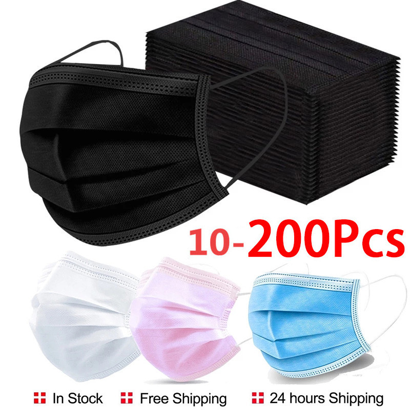 10/50/100/200Pcs Disposable Surgical Mask Earloop Black Mouth Mask 3 Layers Meltblown Non-Woven