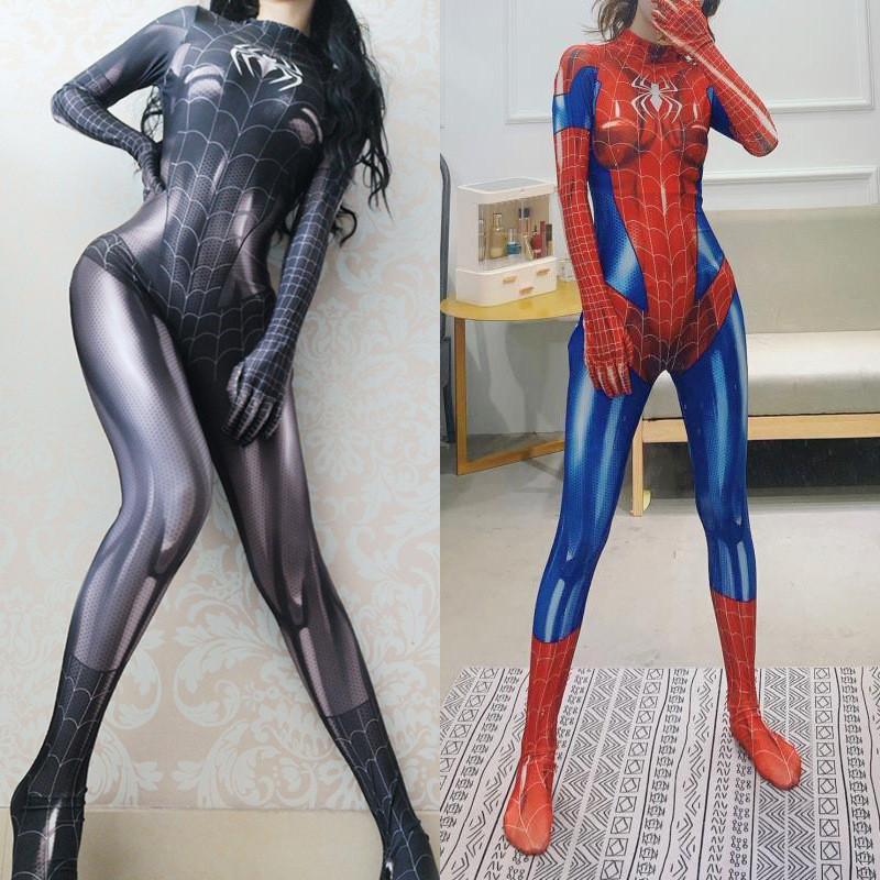 Baju Cosplay Spider-Woman Hitam Merah Kostum Badut Sutra Susu Lycra Full Body Cosplay Game Anime Uku