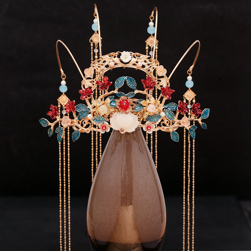 Chinese Wedding Dress Headwear Vintage Hanfu Ancient Headdress Xiuhe Style Ethnic Golden Tassel Hair