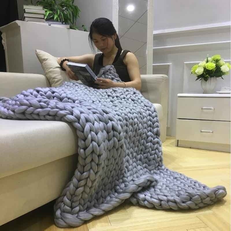 Dropshipping Merino Wool Chunky Knitted Blanket Winter Thick Yarn Bulky Knitting Blankets Handmade L