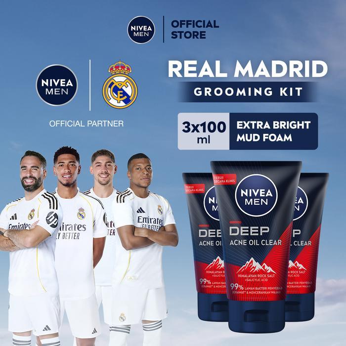 (PAKET HEMAT ISI 3) NIVEA MEN Facial Foam Deep Acne Oil Clear Face Scrub 100ml - Sabun cuci muka